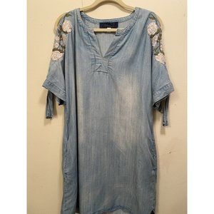 BLUE RAIN Dress Sand Washed Look Chambray Embroidered Cold Shoulder Pockets Med